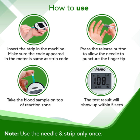 AGARO Blood Glucose Test Strips, 50pcs, Instant Blood Sugar Test at Home, Glucometer Machine, Blood Glucose Monitoring Device, Fast Blood Sugar Testing, Simple & Accurate, GLS-76